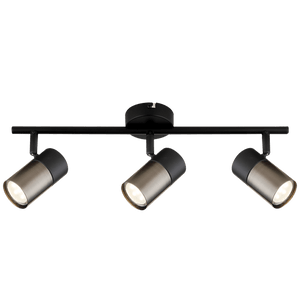 Black and silver ceiling light fixture with three spotlights on a white background