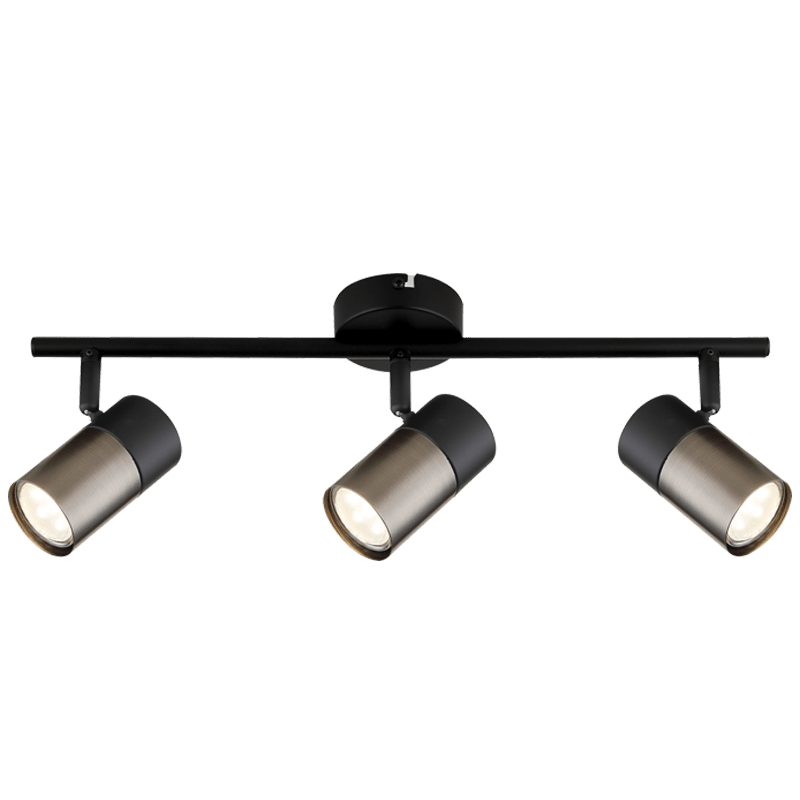 Black and silver ceiling light fixture with three spotlights on a white background