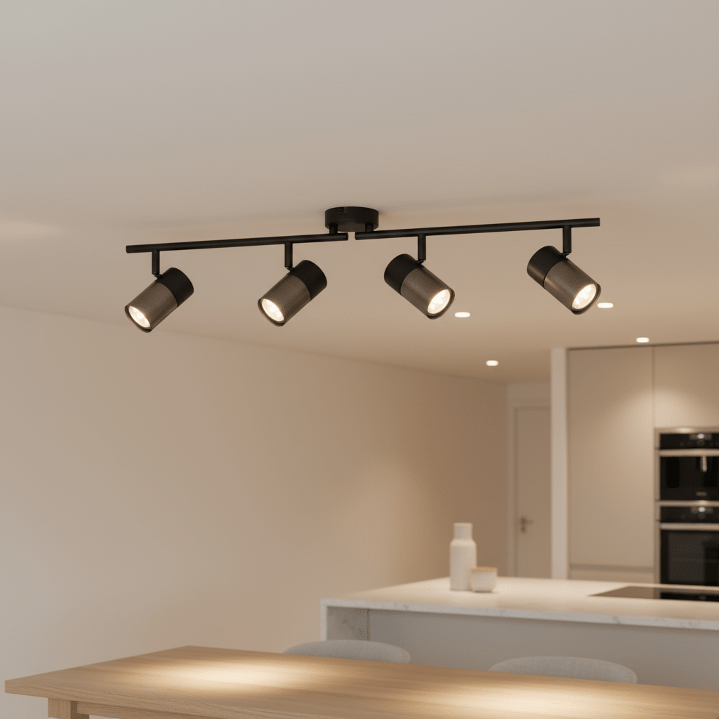Black 4-light spotlight with adjustable arms mounted on a ceiling above a kitchen island.