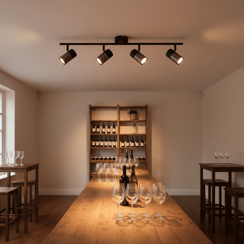 Black 4-light spotlight with moveable arms illuminating a wooden table set with glasses and wine bottles.