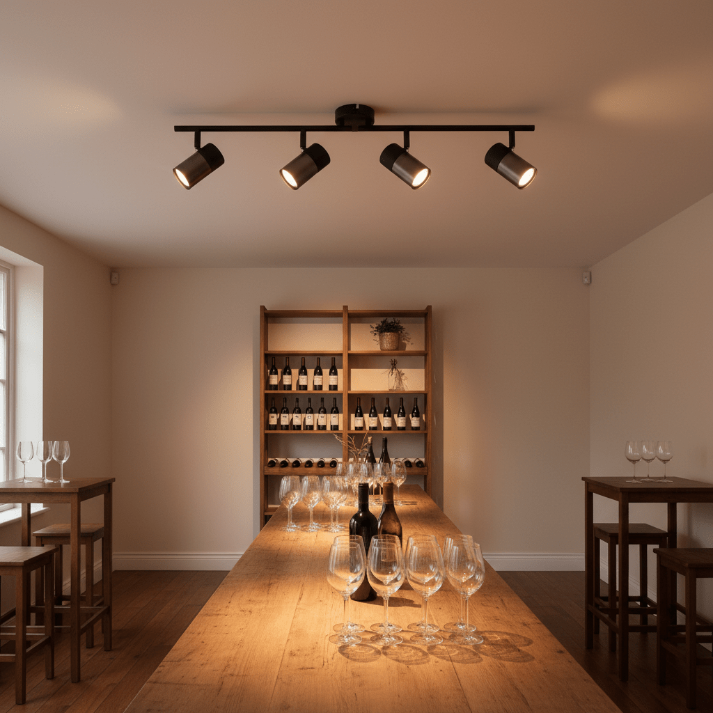 Black 4-light spotlight with moveable arms illuminating a wooden table set with glasses and wine bottles.