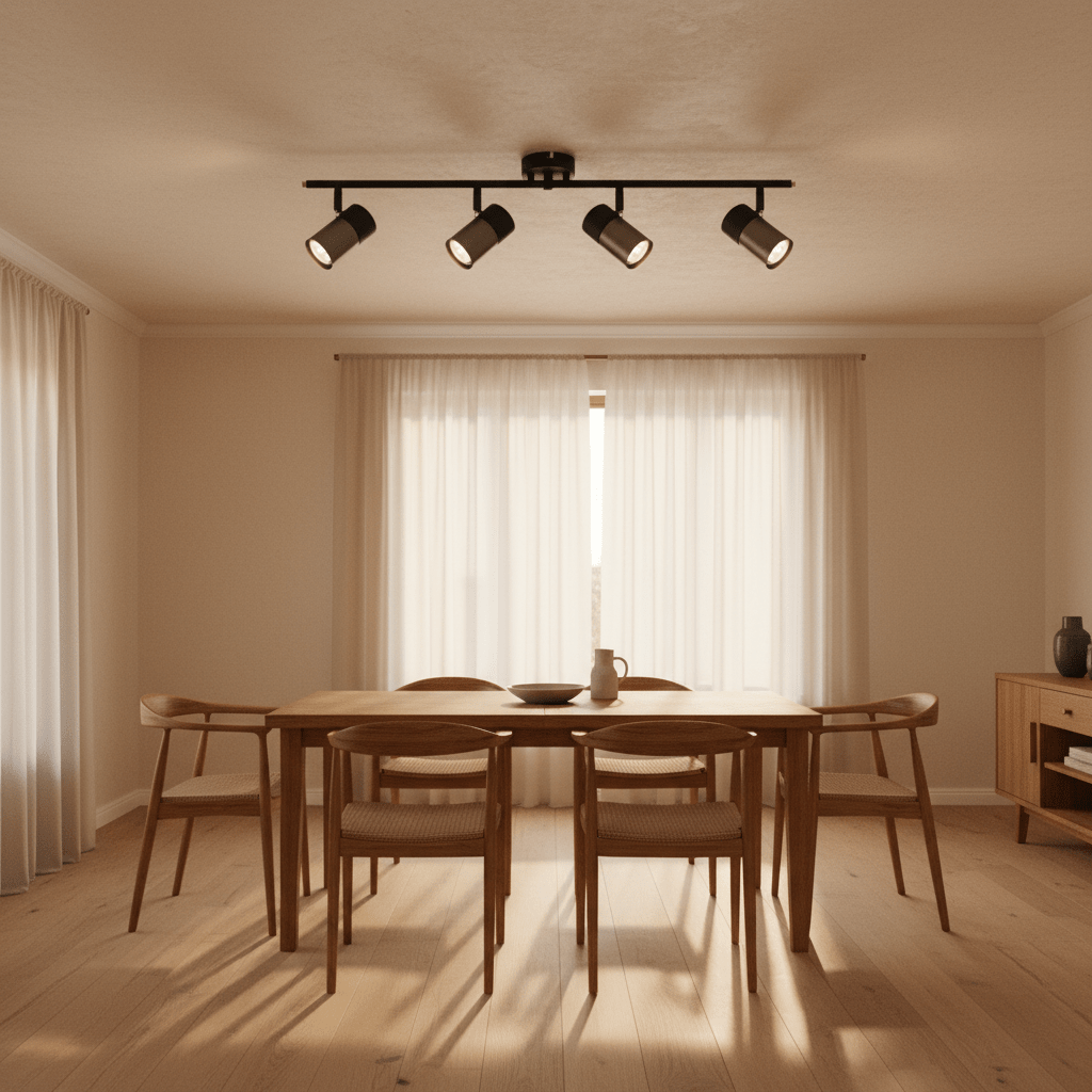 Black 4-light spotlight with moveable arms installed above a wooden dining table in a bright room.