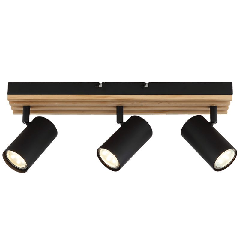 Modern ceiling light fixture with three black spotlights on a white background
