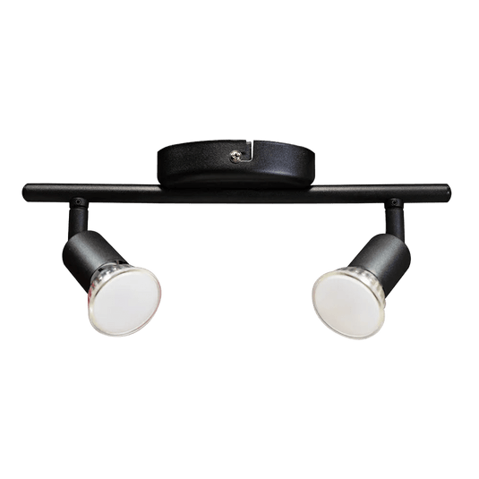 Black two-light spotlight bar with two adjustable cylindrical heads and round ceiling plate on a transparent background