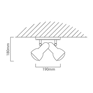 Line drawing of two spotlights on a ceiling with dimensions indicated.