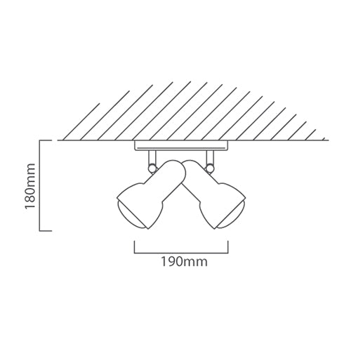 Line drawing of two spotlights on a ceiling with dimensions indicated.
