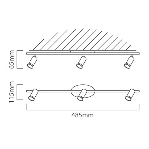 Detailed illustration of the Buzz 3 Light Spotlight showing dimensions and design features.