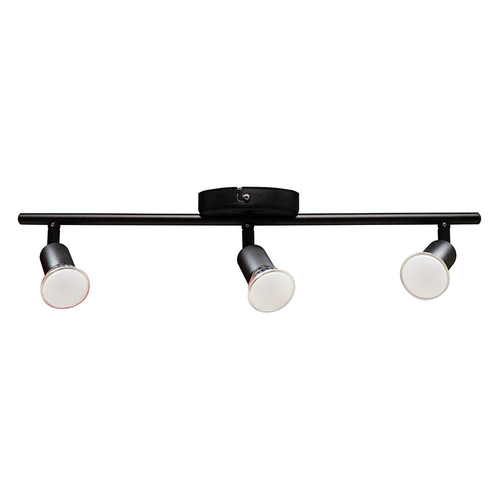 Black Buzz 3 Light Spotlight with adjustable GU10 lamp heads on a sleek bar fitting.