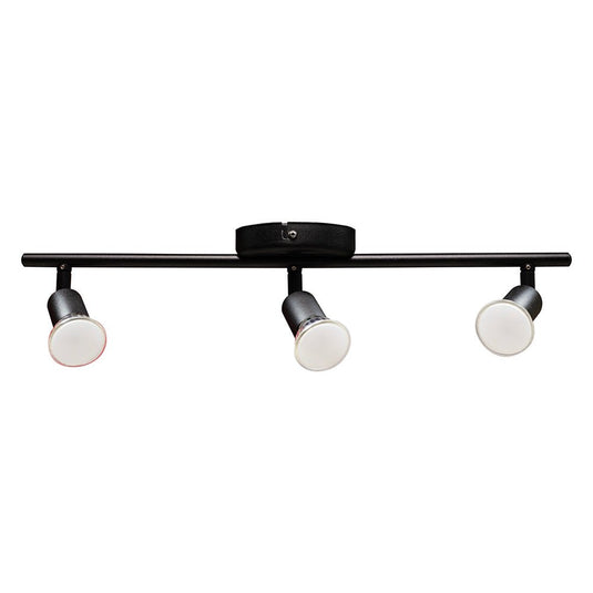 Black Buzz 3 Light Spotlight with adjustable GU10 lamp heads on a sleek bar fitting.