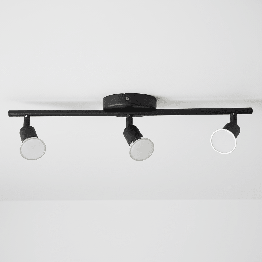 Black Buzz 3 Light Spotlight with adjustable GU10 lamp heads mounted on a ceiling.