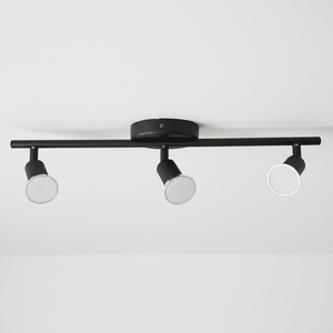 Black Buzz 3 Light Spotlight with adjustable GU10 lamp heads mounted on a ceiling.
