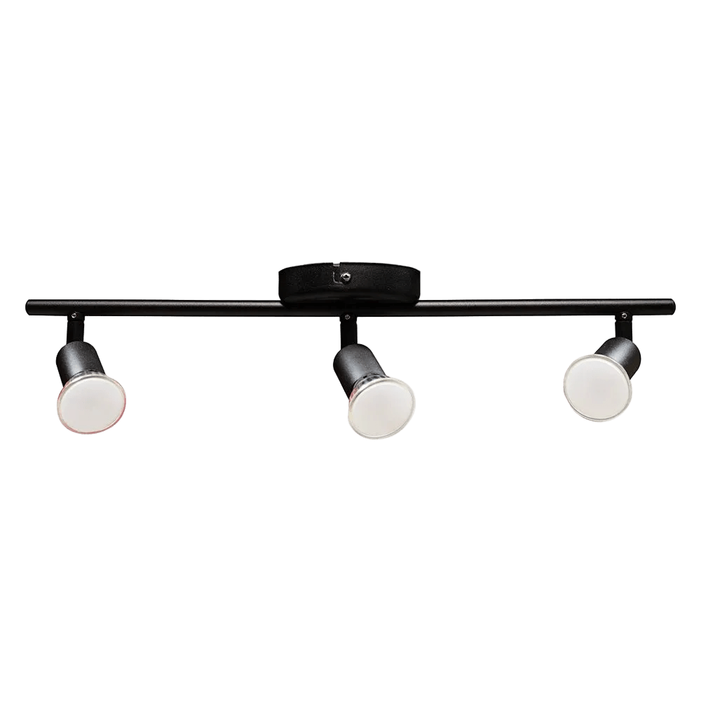 Three black spotlights mounted on a horizontal bar, featuring white glass shades and a circular black base.