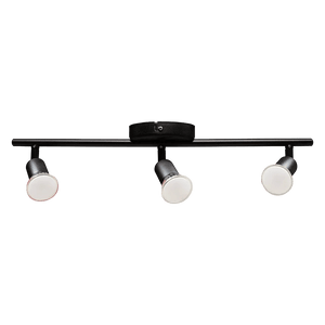 Three black spotlights mounted on a horizontal bar, featuring white glass shades and a circular black base.