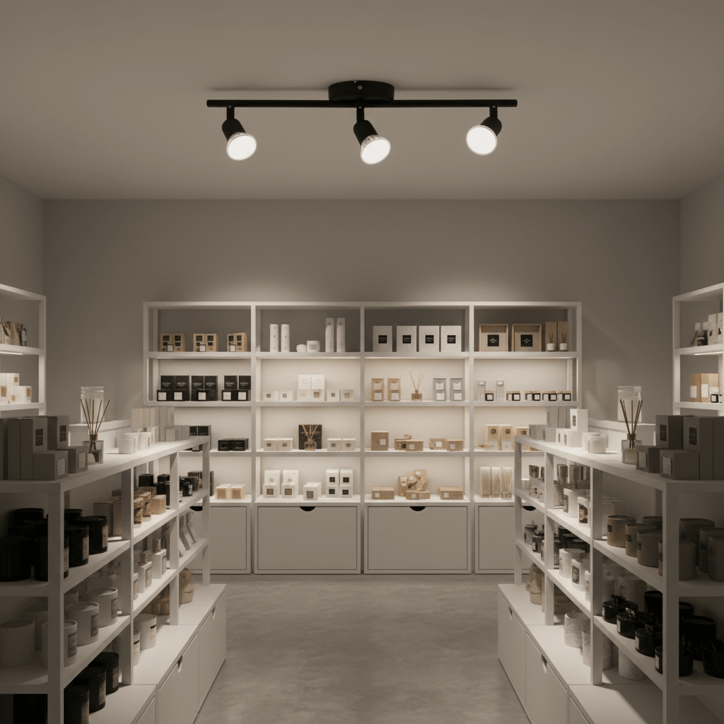 Black 3-light spotlight illuminating a retail space with shelves of products.