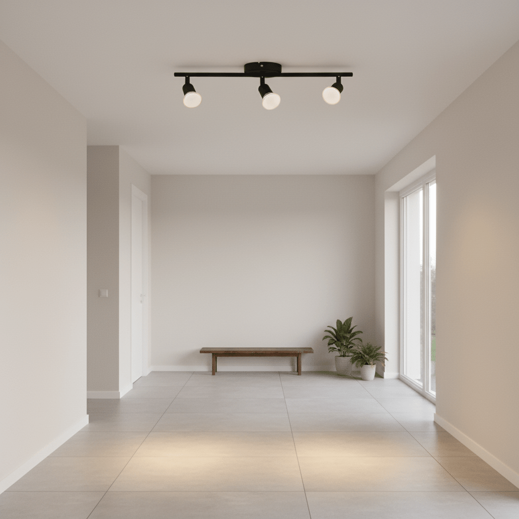 Black Buzz 3 Light Spotlight mounted on ceiling, illuminating a spacious room with a bench and plants.
