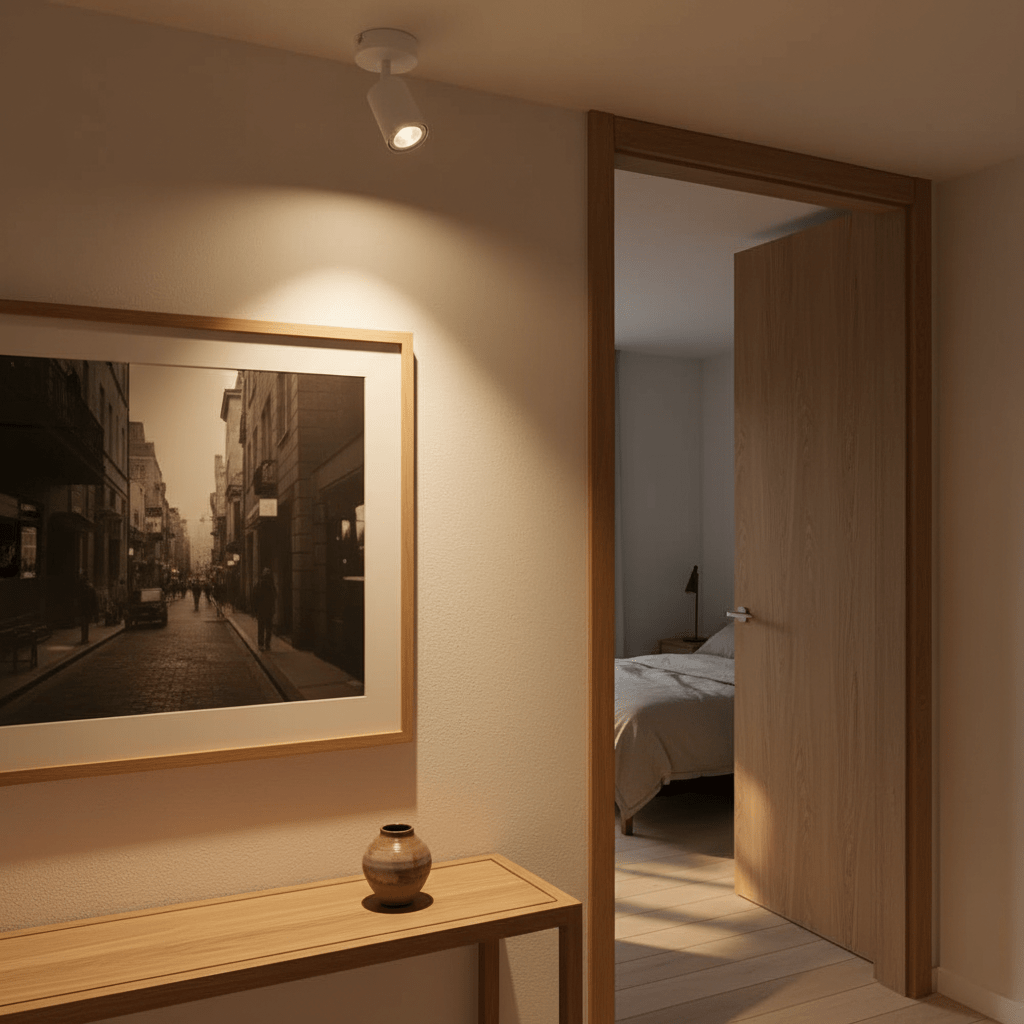 White ceiling spotlight shines on framed black‑and‑white street photo above wooden console with vase.