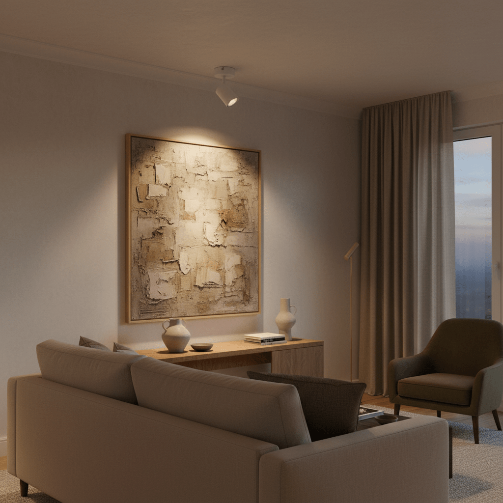 Ceiling spotlight mounted on ceiling, directing light onto a framed abstract artwork in a modern living room.