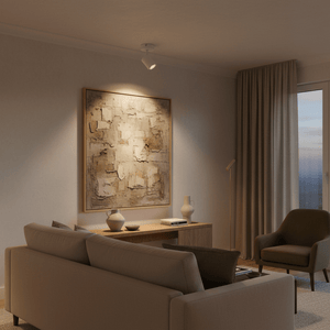 Ceiling spotlight mounted on ceiling, directing light onto a framed abstract artwork in a modern living room.