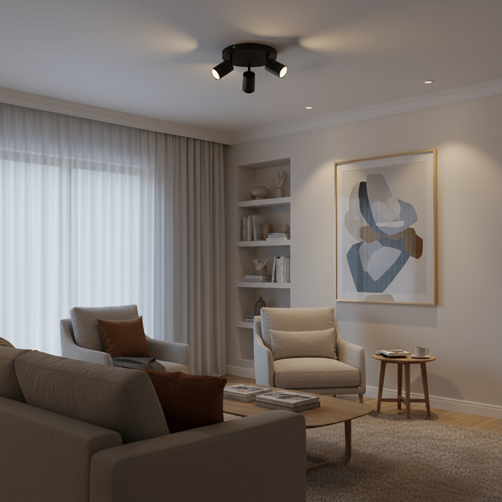 Black circular ceiling spotlight with three adjustable heads lighting a modern living room