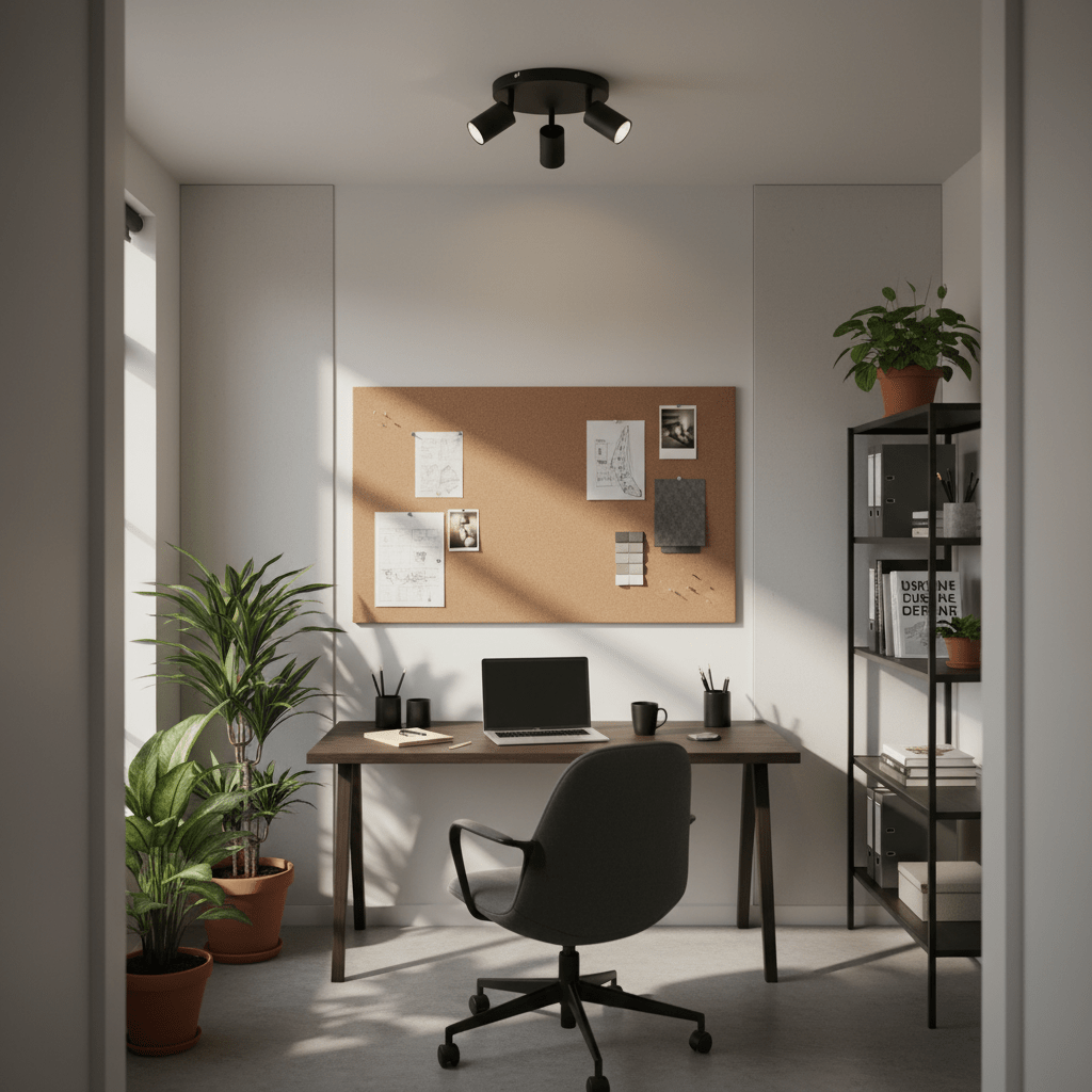 Black three‑head ceiling spotlight mounted on ceiling, lighting a desk with laptop, chair, corkboard and plants.