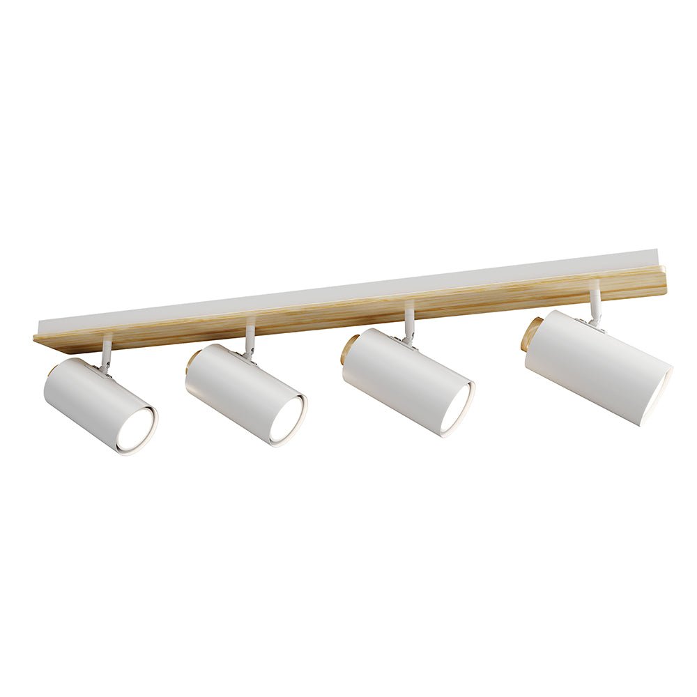 Track light fixture with four white spotlights on a wooden bar against a white background