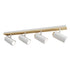 Track light fixture with four white spotlights on a wooden bar against a white background