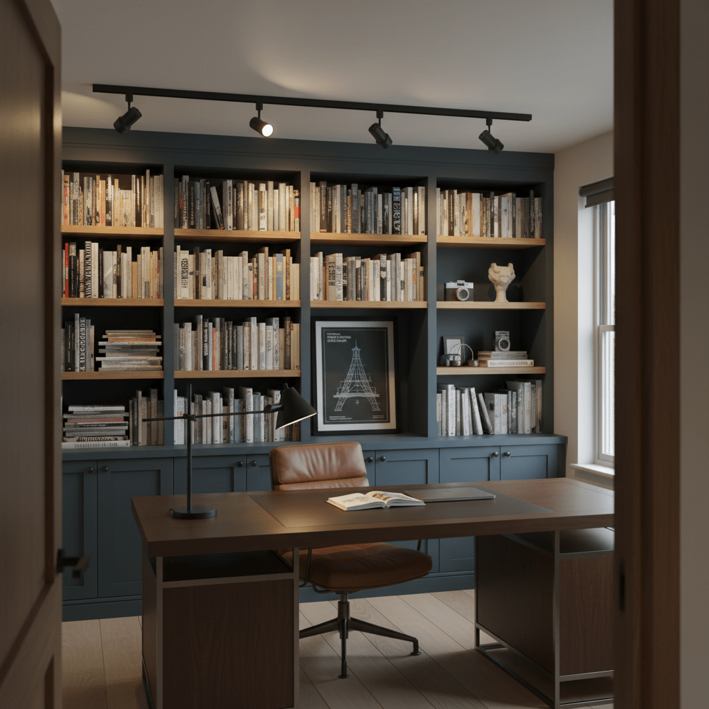 A stylish home office featuring a black 2-meter track light illuminating a bookshelf and desk area.