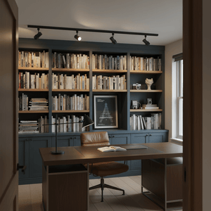 A stylish home office featuring a black 2-meter track light illuminating a bookshelf and desk area.