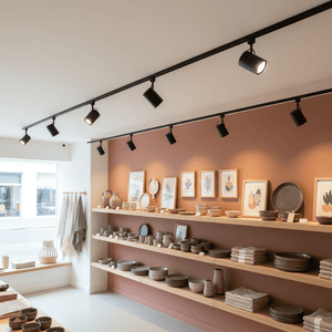 Black 2-meter track light installed in a retail space, illuminating ceramic dishes and wall art.