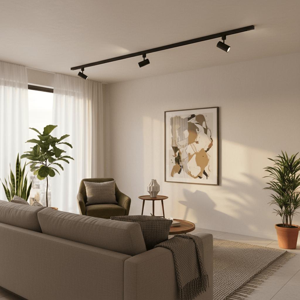 A black 2-meter track light installed in a modern living room, highlighting artwork and creating ambiance.
