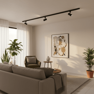 A black 2-meter track light installed in a modern living room, highlighting artwork and creating ambiance.