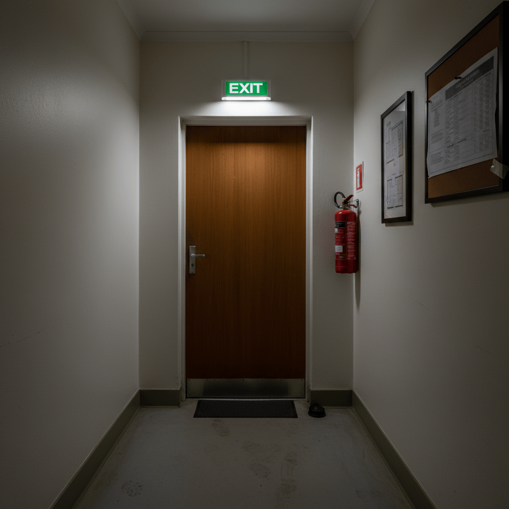 Green exit sign with white border on a white background