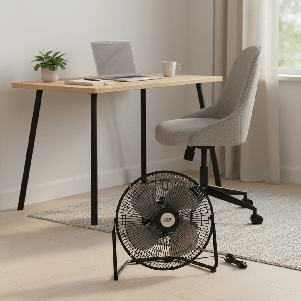 A compact black floor fan positioned beside a desk in a modern home office setting.