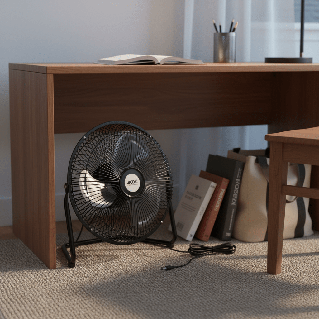 Compact 12V black floor fan positioned beside a desk, with books and a bag nearby.