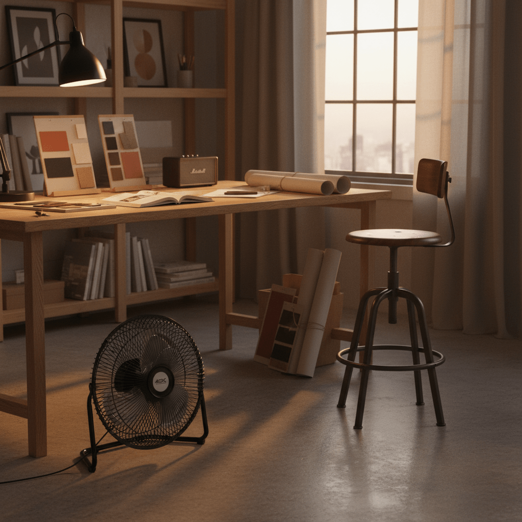 A 12V black floor fan positioned beside a wooden desk in a cozy workspace, with art supplies and a lamp.