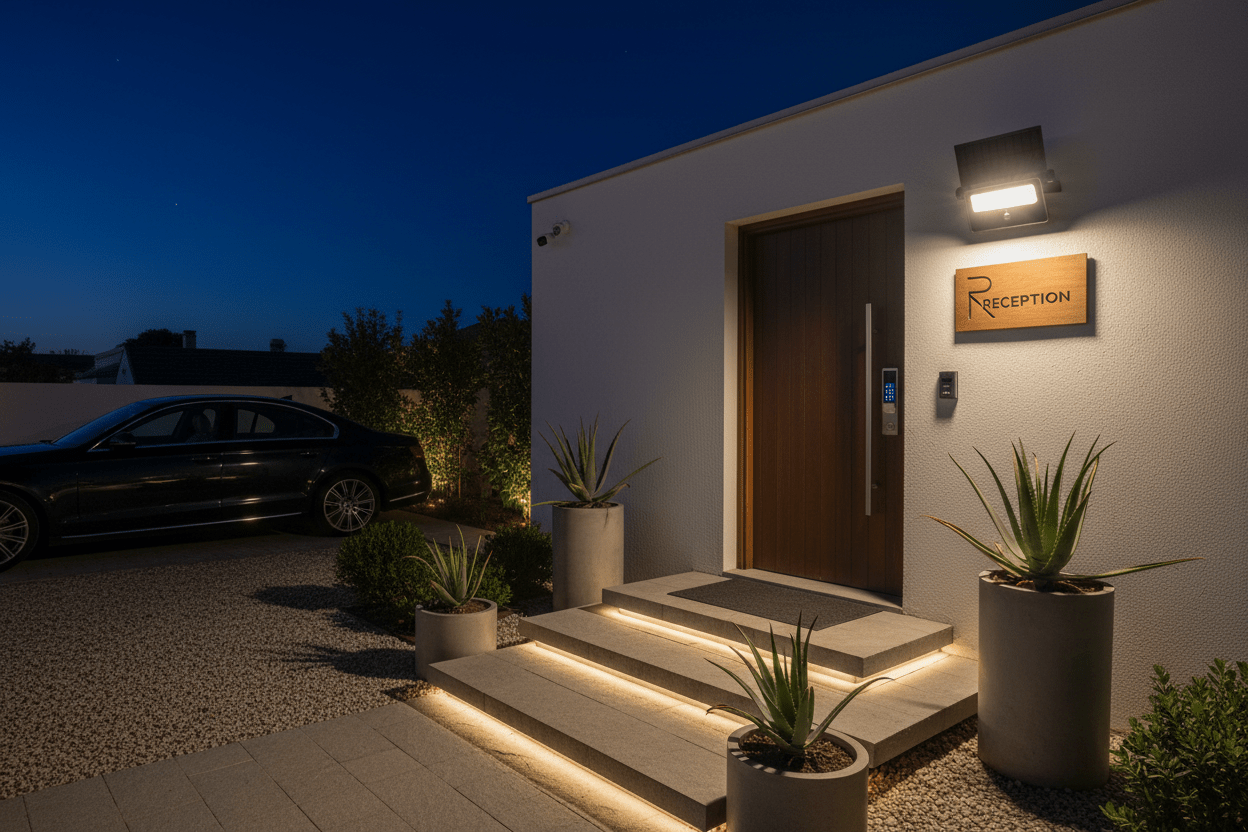 Solar LED floodlight illuminating a modern entrance with steps and plants at night.