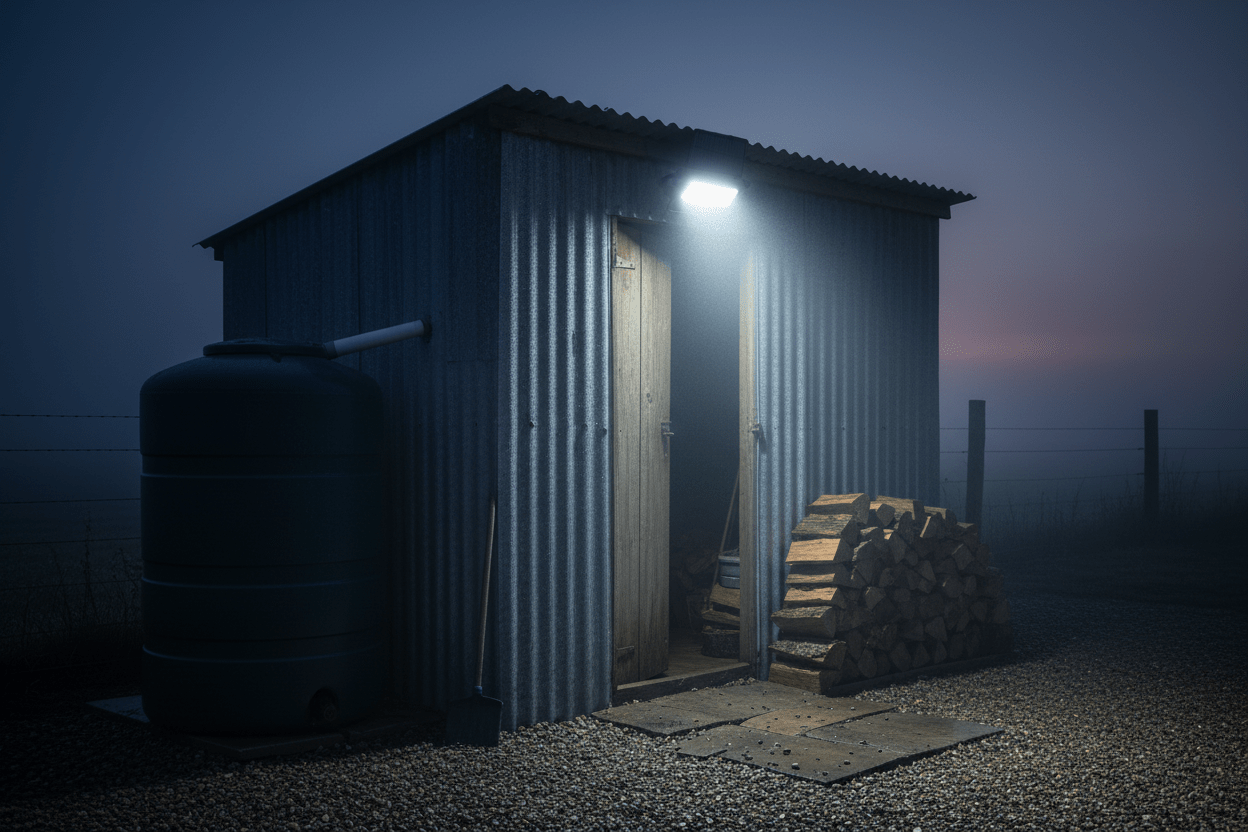 Solar LED floodlight illuminating a shed entrance at dusk, highlighting woodpile and water tank.