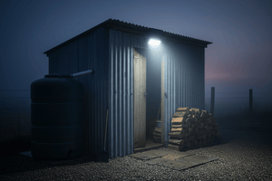 Solar LED floodlight illuminating a shed entrance at dusk, highlighting woodpile and water tank.