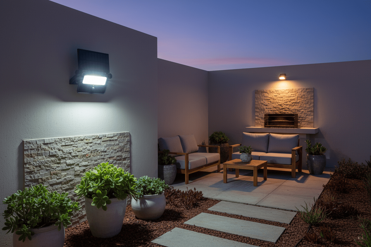 Solar LED floodlight mounted on a wall, illuminating a cozy outdoor seating area with potted plants.