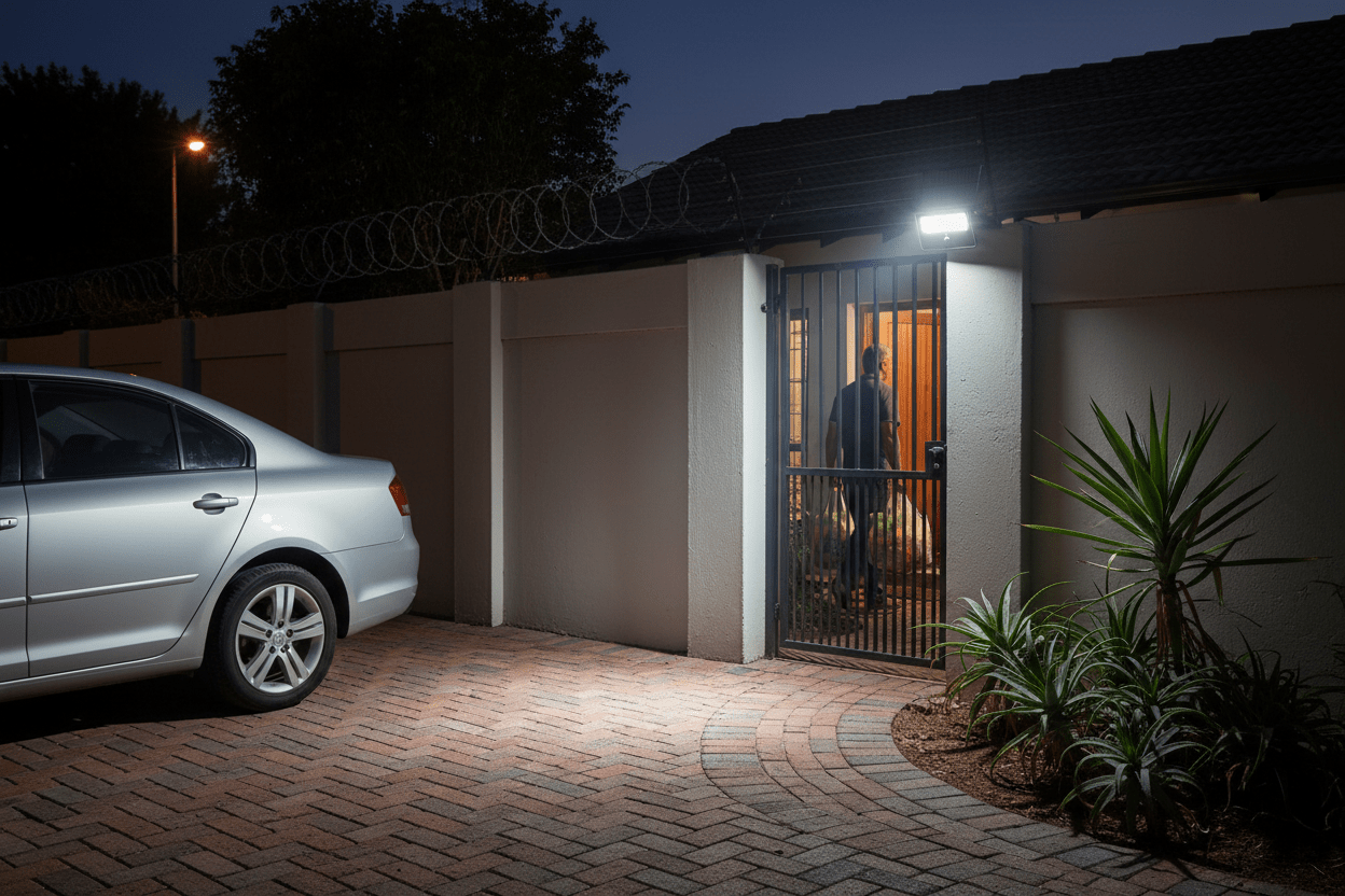 Solar LED floodlight illuminating a driveway and entrance, enhancing visibility at night.