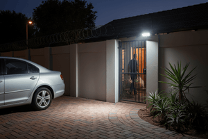 Solar LED floodlight illuminating a driveway and entrance, enhancing visibility at night.