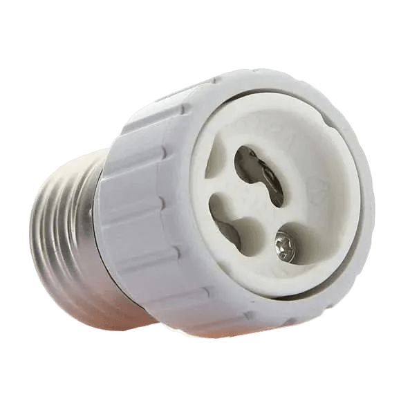 A white E27 to GU10 lamp holder adaptor with a metallic base and a textured grip.