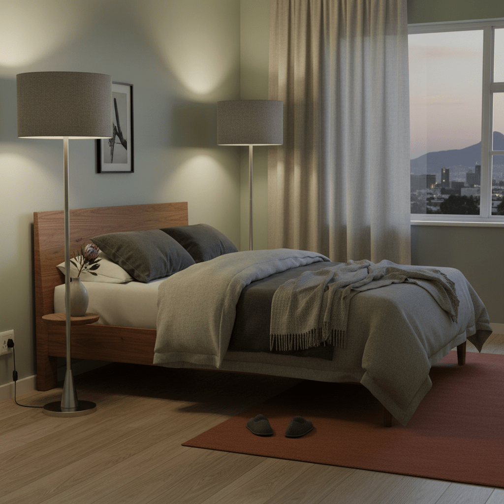 Satin chrome standing floor lamp beside a bed, providing warm light in a cozy bedroom setting.