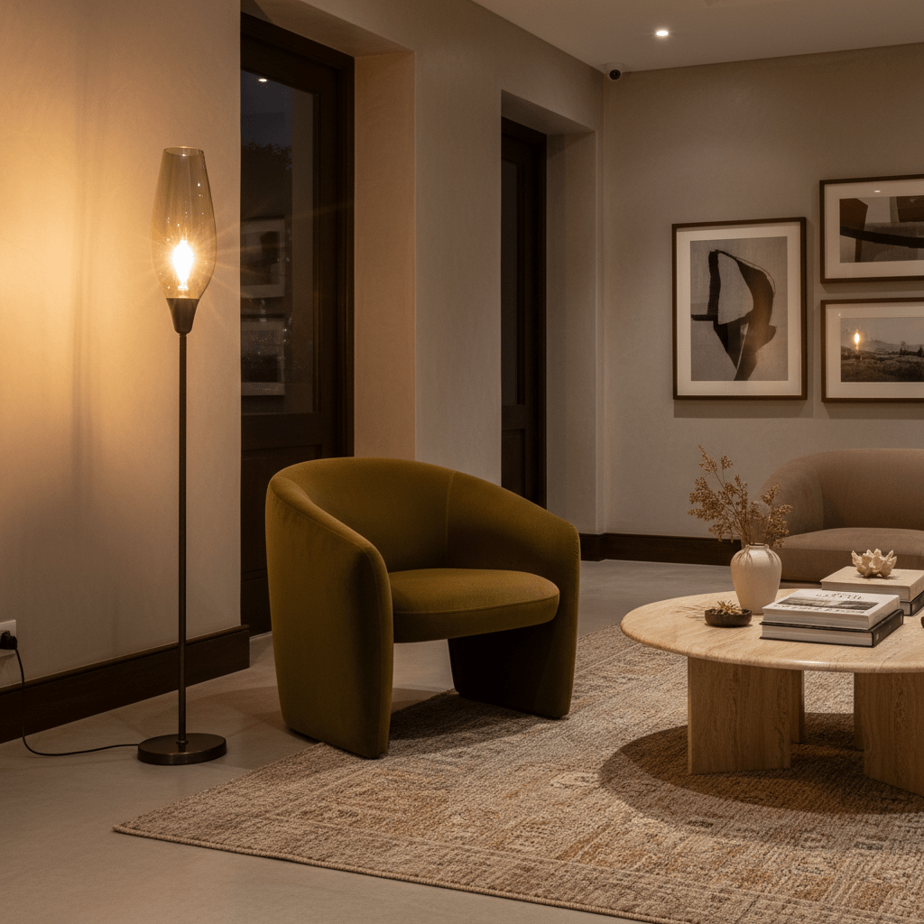 Amber glass floor lamp with black metal stand, illuminated, standing beside a green armchair in a living room.
