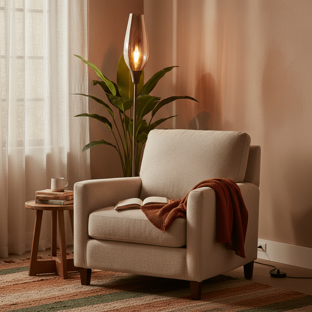 Tall amber glass floor lamp with metal frame standing beside a beige armchair, casting warm light
