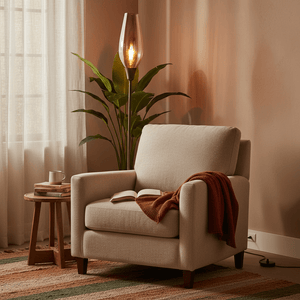 Tall amber glass floor lamp with metal frame standing beside a beige armchair, casting warm light