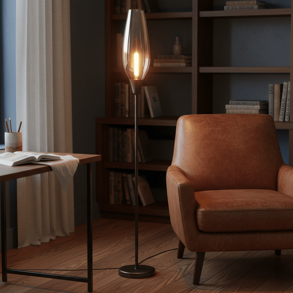 Amber glass floor lamp with lit bulb, slender metal pole and round base, beside a leather armchair and desk with bookshelves.