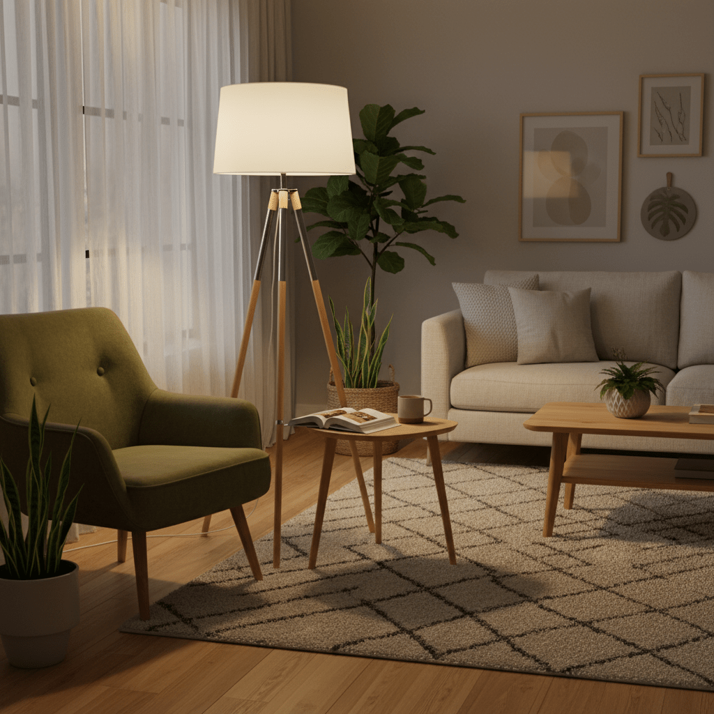 Wood & Chrome Floor Lamp with White Shade - additional product image