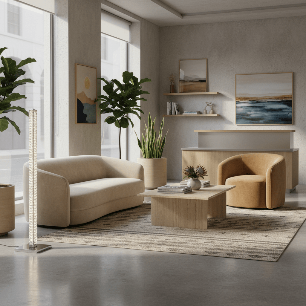 Chrome and crystal floor lamp in a modern living room with beige sofas, wooden coffee table, and potted plants.