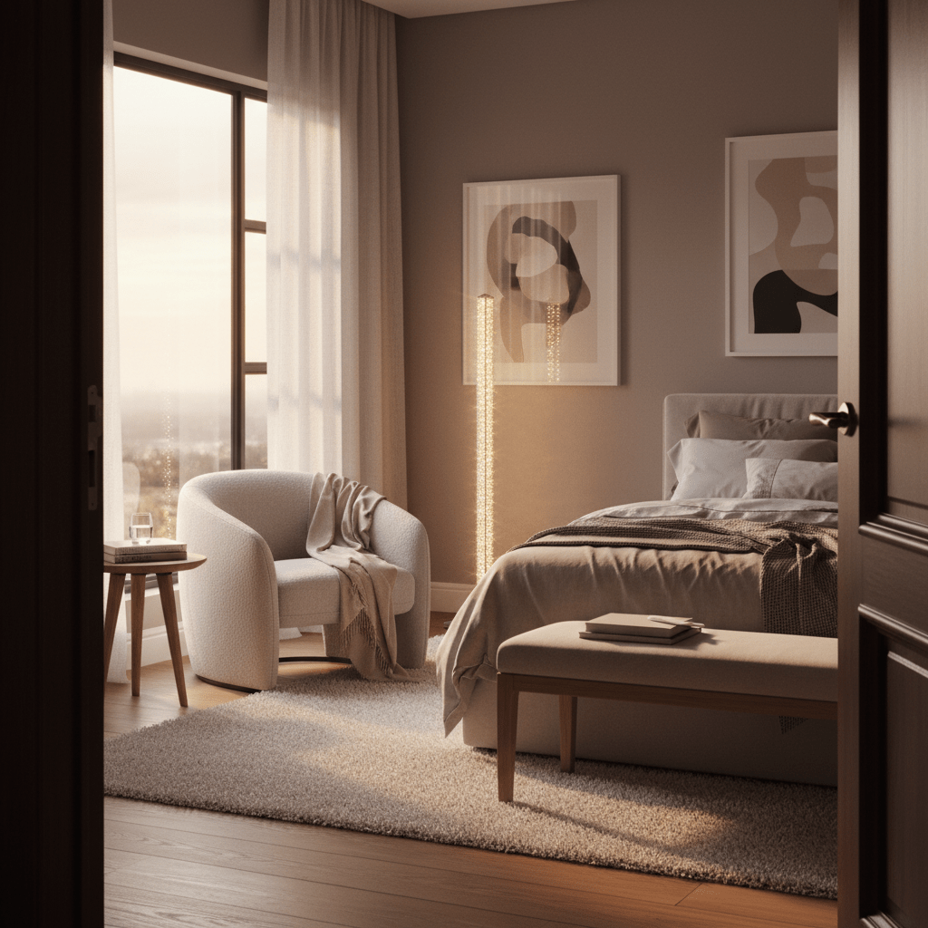Bedroom scene with chrome and crystal floor lamp beside a bed, casting warm light. Armchair and side table by window, soft